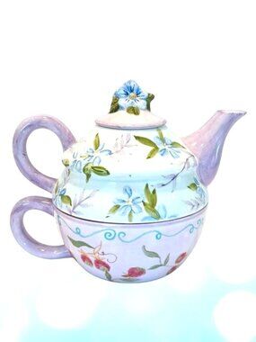 Vintage Capriware Ceramic Tea For One Teapot & Matching Cup Lavender Blue Floral